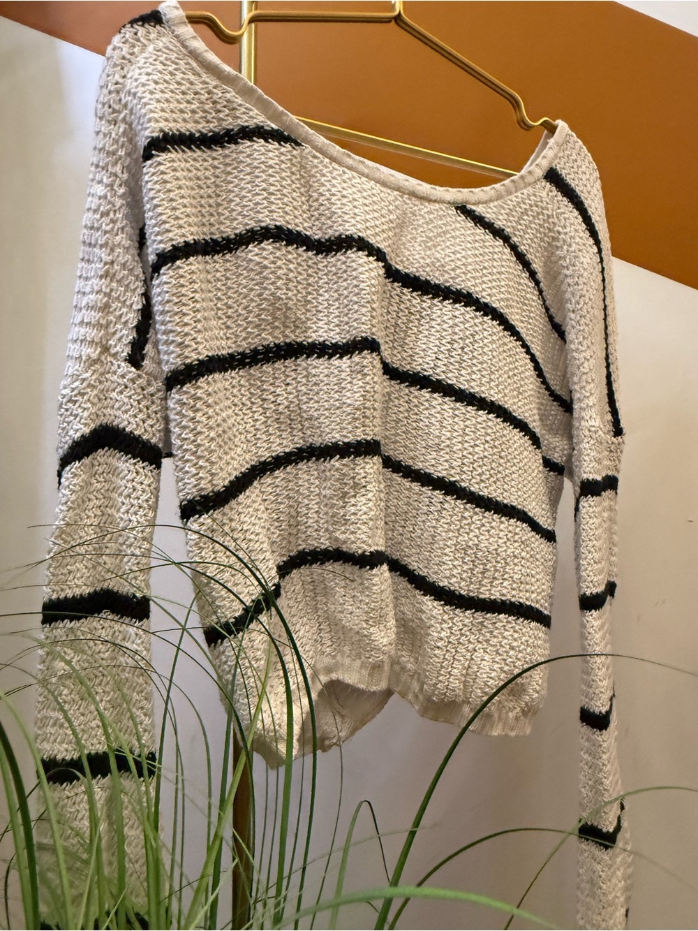 Hollister Cream and Black Striped Off-Shoulder Sweater